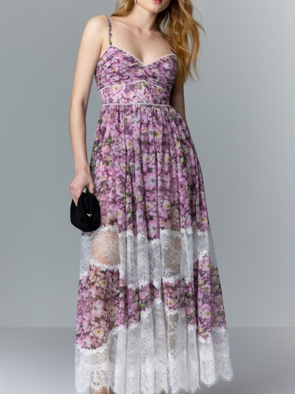 Badgley Mischka Printed Lace Insert Purple Floral Maxi Dres Gown Lilac - Size 6